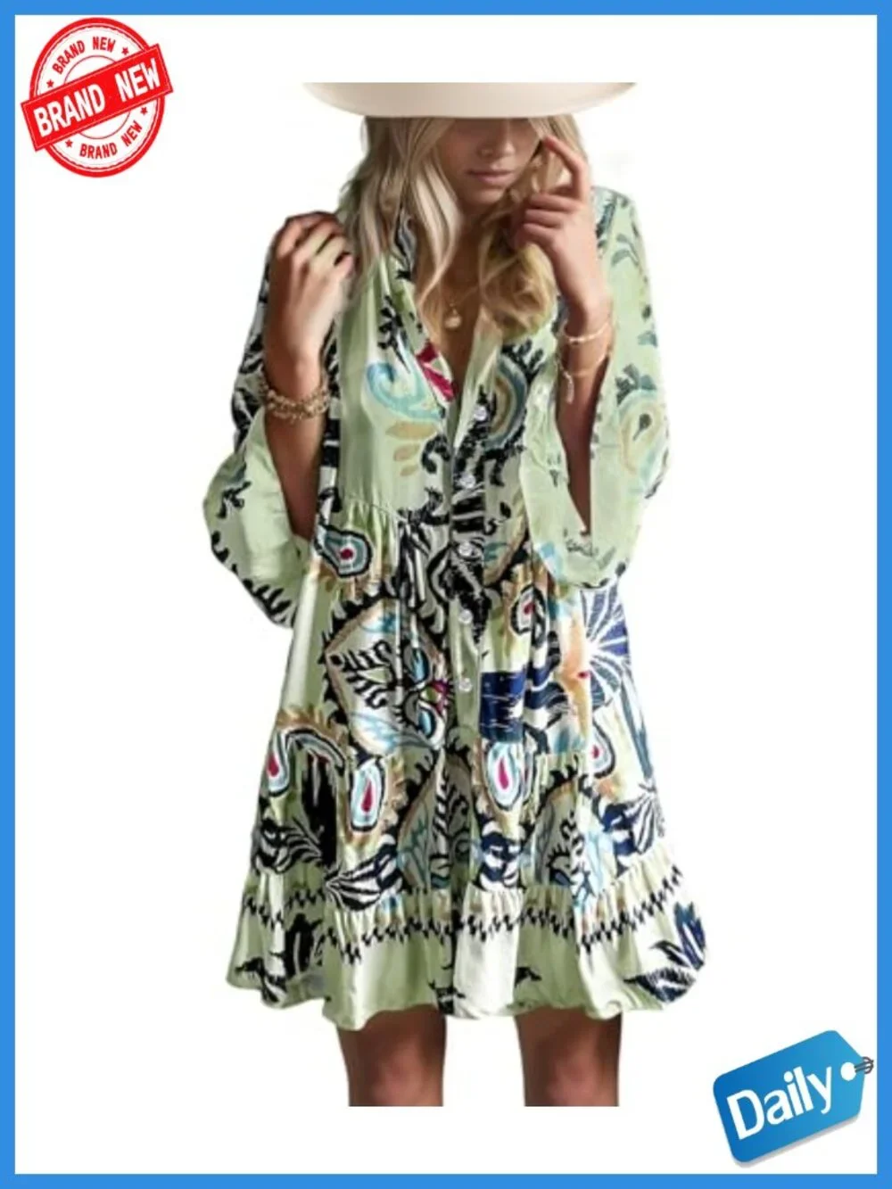 Flowy Ruffle 3/4 Sleeve V Neck Tiered Casual Babydoll Boho Beach Mini Dress